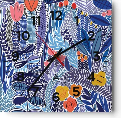 Produktbild von Wanduhr - Quadrat - Glasuhr - Blumen Blätter Illustration Tropen - 30x30cm - Schleichendes Uhrwerk - Lautlos - zum Aufhängen bereit - Dekoration Modern - Wanddekoration aus Glas - C4AC30x30-2944