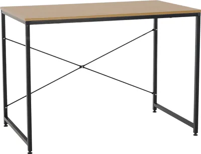 A simple desk with a light brown top and black metal legs.