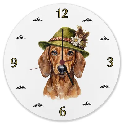 Produktbild von Dackel mit alpenländischem Trachtenhut Wanduhr aus Alu