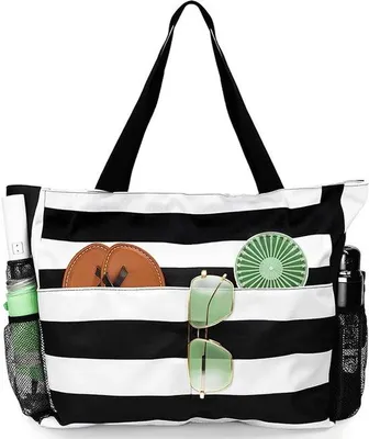 Immagine prodotto di Borsa da spiaggia con zip - Ampia borsa da bagno per la famiglia - 43x15x38 cm - Pieghevole e impermeabile - Bianco e nero