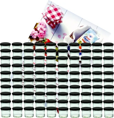 Produktbild von 100er Set Sturzglas 125 ml To 66 schwarzer Deckel incl. Diamant-Zucker Gelierzauber Rezeptheft