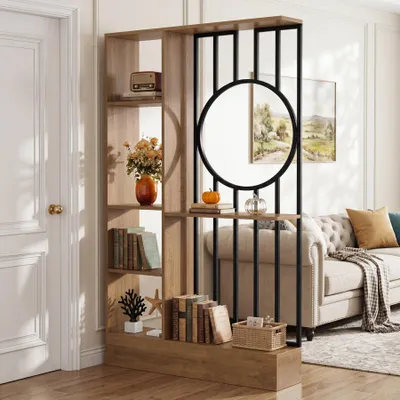Immagine prodotto di Pannello divisorio reversibile con ripiano, altezza 180 cm. Libreria, scaffale autoportante con superficie di appoggio, design rotondo, ideale per soggiorno e camera da letto