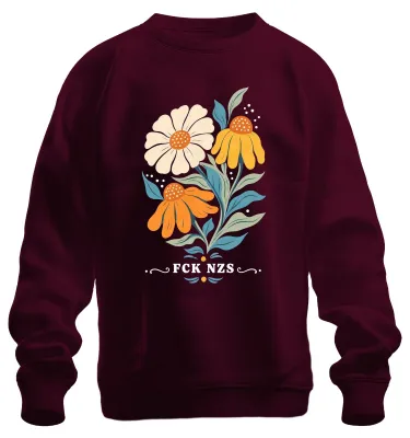 Immagine prodotto di Felpa girocollo vintage con stampa "Girasole, Margherita, Fiori di campo", stile audace e ironico, colore bordeaux, taglia S