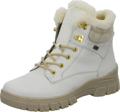 A single white boot with beige laces and sole, trimmed with faux fur.