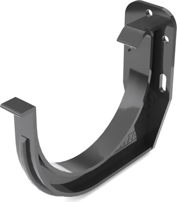 A 3D rendering of a black PVC gutter bracket.