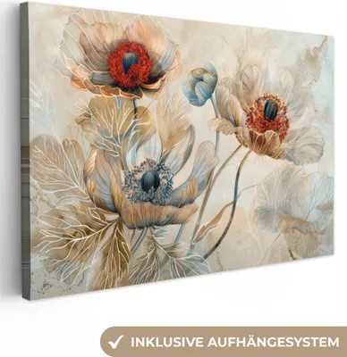 Produktbild von MuchoWow® - Leinwandbilder - Blumen - Beige - Modern - Illustration, Wandbild, Wanddeko Bilder Wohnzimmer, 30x20 cm