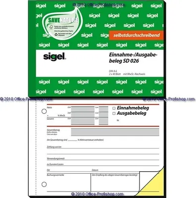 Produktbild von SIGEL SD026 Ausgabe-/Einnahmebelege, 1. und 2. Blatt bedruckt, mit Sicherheitsdruck, A6 q, selbstdurchschreibend, 2 x 40 Blatt