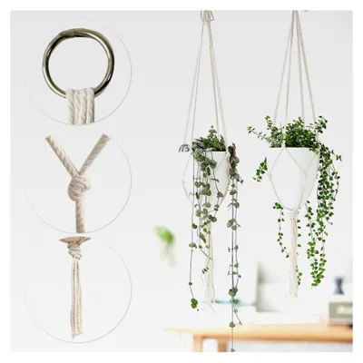 Produktbild von 6 Stück Makramee Blumenampel, Weiße Netztasche, Hängender Blumentopf, Pflanzenständer, Geeignet für Decke, Garten, Terrasse, Fenster