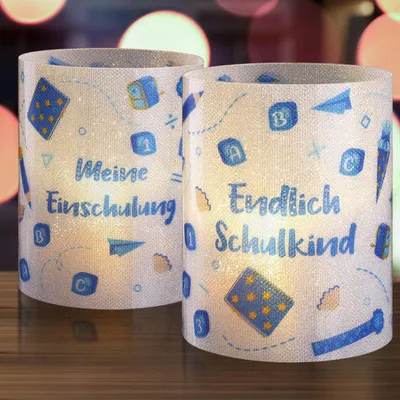 8er-Set Windlichter zum ersten Schultag, blau, PVC, Tischdeko