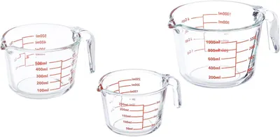 Obrázok produktu pre Sada odmerných nádob – 3 kusy – odmerné kanvice s objemom 250 ml, 500 ml a 1 liter – vhodné do mikrovlnnej rúry – tepelne odolné – priehľadné