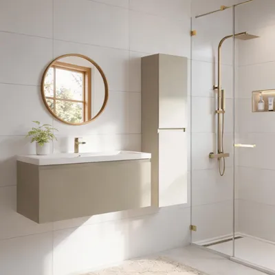 Produktbild von LOMAZOO Badmöbelset SORRENTO 100 cm - Mit Hochschrank - Greige - Waschbecken Weiß