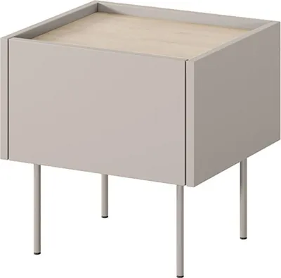 Obrázok produktu pre Dizajnový nočný stolík 45 cm so zásuvkou a kovovými nohami – moderný dizajn | Kašmír / dub Nagano