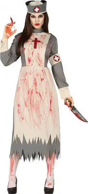 A woman in a bloody nurse costume holding a syringe and a knife.