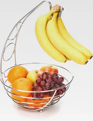 Produktbild von Obstkorb mit Bananenhaken. 41 cm hoch, Obstregal aus Draht, Bananenständer-Aufhänger – Silbernes Chrom