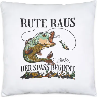 Produktbild von Rute Raus Der Spaß Beginnt Kissen Inkl Füllung Angler Angeln Fische Angelzubehör Geschenkidee