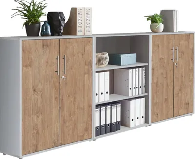 Produktbild von Aktenschrank TABOR 9 in lichtgrau / Gold Harbor Oak, Schrankwand, Büroschrank, abschließbar, Metallgriffe