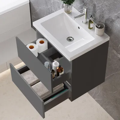 Produktbild von 50 cm Badmöbel-Set Unterschrank mit Mineralguss waschtisch 2 Schubladen soft-close Anthrazit Matt Selbstmontierter