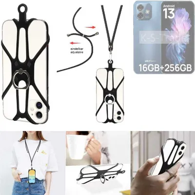 Produktbild von K-S-Trade 3in1 Handykette Handyband Handykordel Halsband Smartphone-Ring Handy-Ring kompatibel mit Ulefone Note 16 Pro Fingerhalterung Handyring