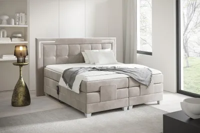 Produktbild von MEBLINI Boxspringbett Elektrisch Verstellbar mit LED - Gepolstert Doppelbett mit Matratzen und Toppers - Polsterbett - Bett mit Kopfteil - TARENTE - 140x200 - H3/Beige Samt