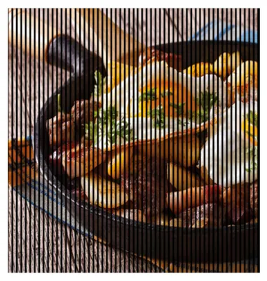 Produktbild von Akustikpaneele mit Digitaldruck Gröstl01 19 x 2253 x 2400 mm Pfanne Essen MDF PET-Fasern Wandpaneele Gelb Schwarz Weiß Braun 4 Einzelplatten