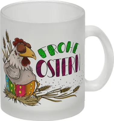 Produktbild von Frohe Ostern Glas Tasse mit Huhn Motiv