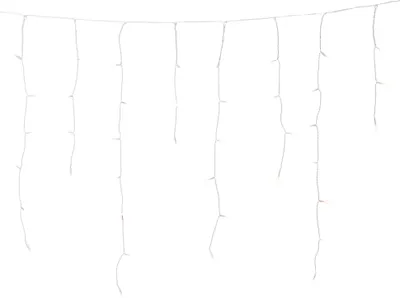 A string of white LED icicle lights hanging against a white background.