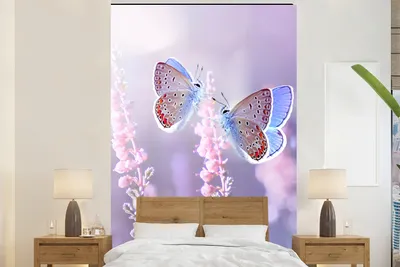 Produktbild von MuchoWow® Fototapete für Wohnzimmer oder Schlafzimmer Wandtapete Vinyl Motivtapete Schmetterling - Lavendel - Blumen - Lila - 200x300 cm - Wanddekorationen