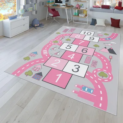 Produktbild von TT Home Kinder-Teppich, Spielteppich Für Kinderzimmer Straßen-Look, Hüpfkästchen, Rosa Größe 80x150 cm