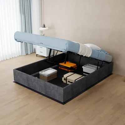 Produktbild von Bettgestell 140x200 cm mit Gasdruckfeder, Samtbezug und Mehrfachstützung, modernes Plattformbett ohne Kopfteil und Matratze, Grau