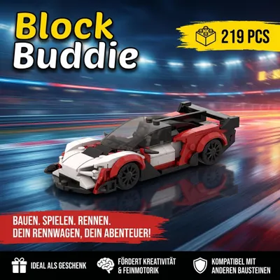 Produktbild von BlockBuddie™ Sabre Weiß Rot inspiriertes Klemmbaustein Auto mit 219 Teilen – Sportwagen Modellbausatz