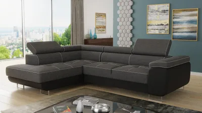 Produktbild von Ecksofa Caris mit Schlaffunktion und einstellbare Kopfstützen, Wohnlandschaft, Couchgarnitur, Bettkasten, Sofagarnitur, Couch, Sofa (Schwarz + Dunkelgrau (Soft 011 + Sawana 05), Ecksofa Links)