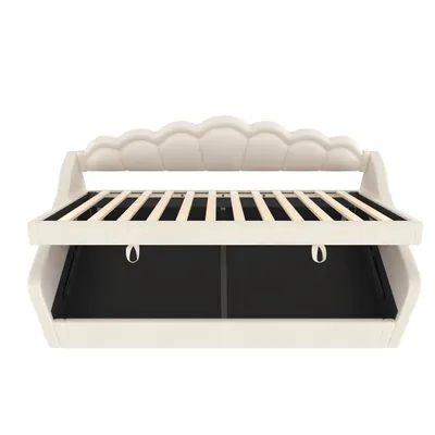 Produktbild von Flieks Hydraulisches Polsterbett Tagesbett 90x200cm, Schlafsofa Jugendbett Kinderbett mit LED, Holzbett Daybed Sofabett, Samt, Beige
