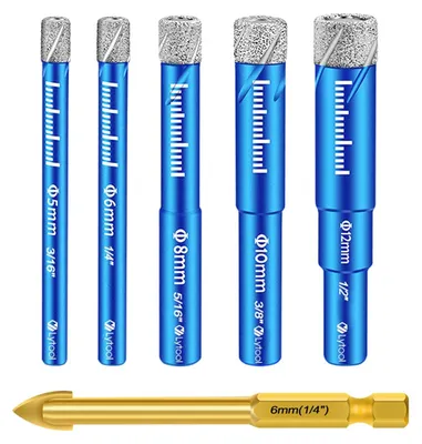 Produktbild von Fliesenbohrer-Set, Diamantbohrer für Steinzeug mit 5, 6, 8, 10 und 12 mm Durchmesser, 6-mm-Metallbohrer für Fliesen, Keramikbohrer für Glas, Granit, Marmor, Quarz und andere harte Materialien