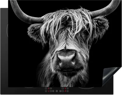 Produktbild von KitchenYeah© Herdabdeckplatte Schottischer Highlander - Hörner - Schwarz - Weiß - Kuh - Wild - Tiere , 77x59cm, Küche Deko, Glaskeramikkochfeld Herdabdeckung, Abdeckplatte fùr Kochfeld