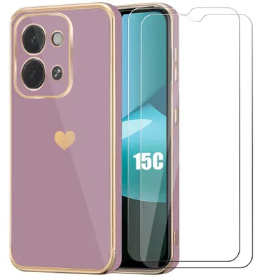 Image de Coque + 2 Verres Trempés pour Xiaomi Redmi 15C 4G/5G, avec Motif Cœur Protection Antichoc Slim Violet