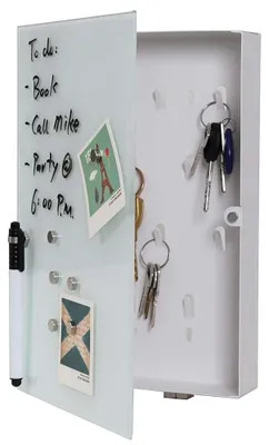 Immagine prodotto di Elzusha - Cassetta portachiavi con pannello in vetro magnetico - Design in metallo bianco con ganci, magneti e pennarello