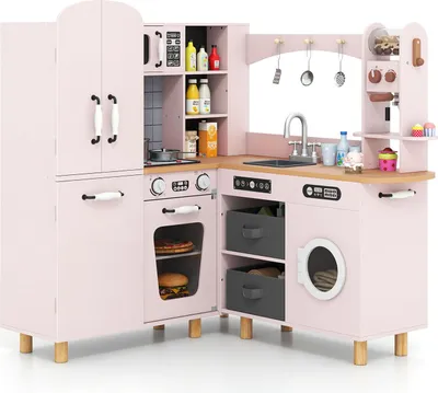 Obrázok produktu pre Detská kuchynka COSTWAY, rohová kuchynka na hranie s 12 doplnkami, textilné košíky, dvojdverová chladnička, kávovar, práčka, svetlo a zvuk, pre deti od 3+ ružová
