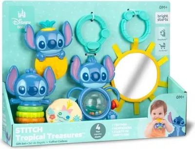 Immagine prodotto di Set regalo Disney Baby Stitch per la nascita, 4 giocattoli per neonati, sonaglio, anello da dentizione, giocattoli multisensoriali