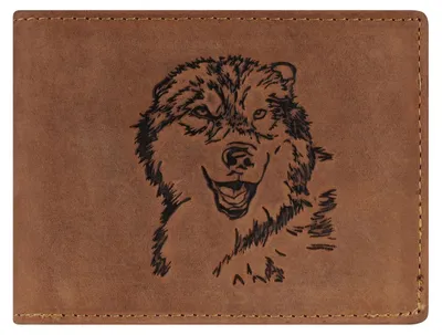 Zdjęcie produktu dla Greenburry portfel męski skórzany brązowy antyczny vintage z wytłoczonym motywem wilka portfel 12,5 x 9,5cm 1705-WULF-25