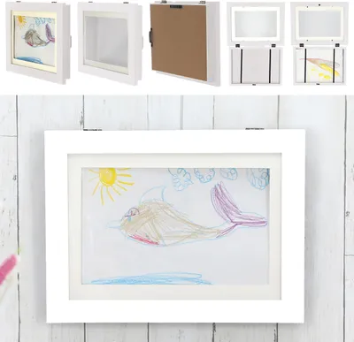 A collage of images showing a white shadow box frame from different angles, including its open back and a child's drawing inside.