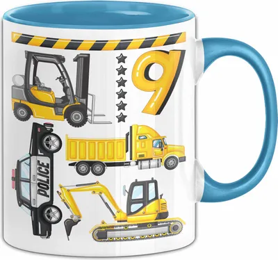 Produktbild von 9. Geburtstag Geschenk Tasse Becher Jungen Jungs Baustelle Polizei Geburtstagsgeschenk 9 (Blau)