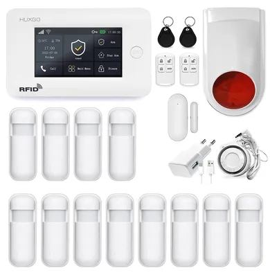 Immagine prodotto di HUXGO HXA006 Sistema di allarme wireless con 12 rilevatori di movimento + sirena wireless aggiuntiva, Due moduli: WLAN + GSM TUYA Applicazione intelligente Notifiche via SMS Controllo via telefono Lingua TEDESCO