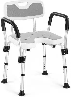 Imagen del producto de Silla de ducha en forma de U, con reposabrazos y respaldo, con altura ajustable, apta para personas de hasta 150 kg, ideal para personas mayores