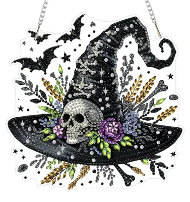 Immagine prodotto di Ciondolo "Diamond Painting" 5D, tema Halloween: cappello da mago, teschio, con catena. Kit per il fai-da-te