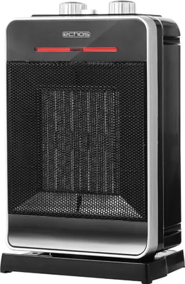 A black and silver ceramic heater with a mesh front and two control knobs on top.