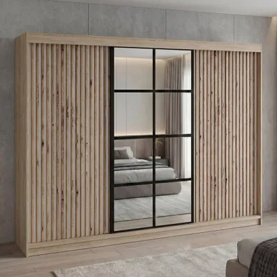 Produktbild von Schwebetürenschrank, 3-türig Schrank mit 4 Schubladen, und 3D-Lamellen. Kleiderschrank NORIVO 200 cm