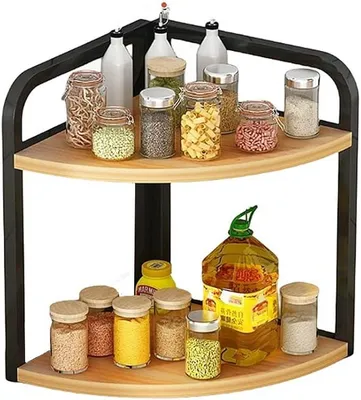 Produktbild von PolkaHome® Eckregal Gewürzregal 2-stöckig Küchenregal Wandregal Organizer aus Holz und Eisen für Küche Bad Büro – platzsparendes