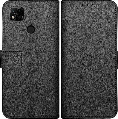 A black flip case for a smartphone is shown open, displaying the interior and exterior.