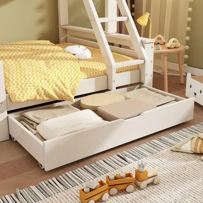 Produktbild von Flieks Etagenbett 90x200cm/140x200cm, Kinderbett Hausbett mit Rutsche, Hochbett mit Schublade, Stockbett Holzbett mit Lattenrost, Weiß