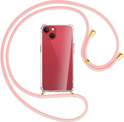 Produktbild von Handykette Backcover-Schutzhülle mit Band (Metall goldfarben) für Apple iPhone 13 - rosa